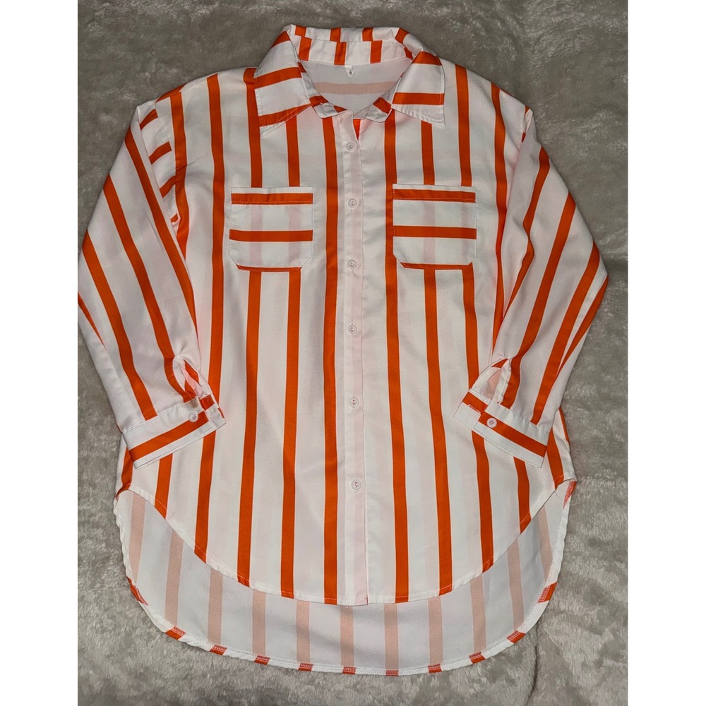 Orange White Striped Button Down Shirt Long Sleeve High Low Hem Small
